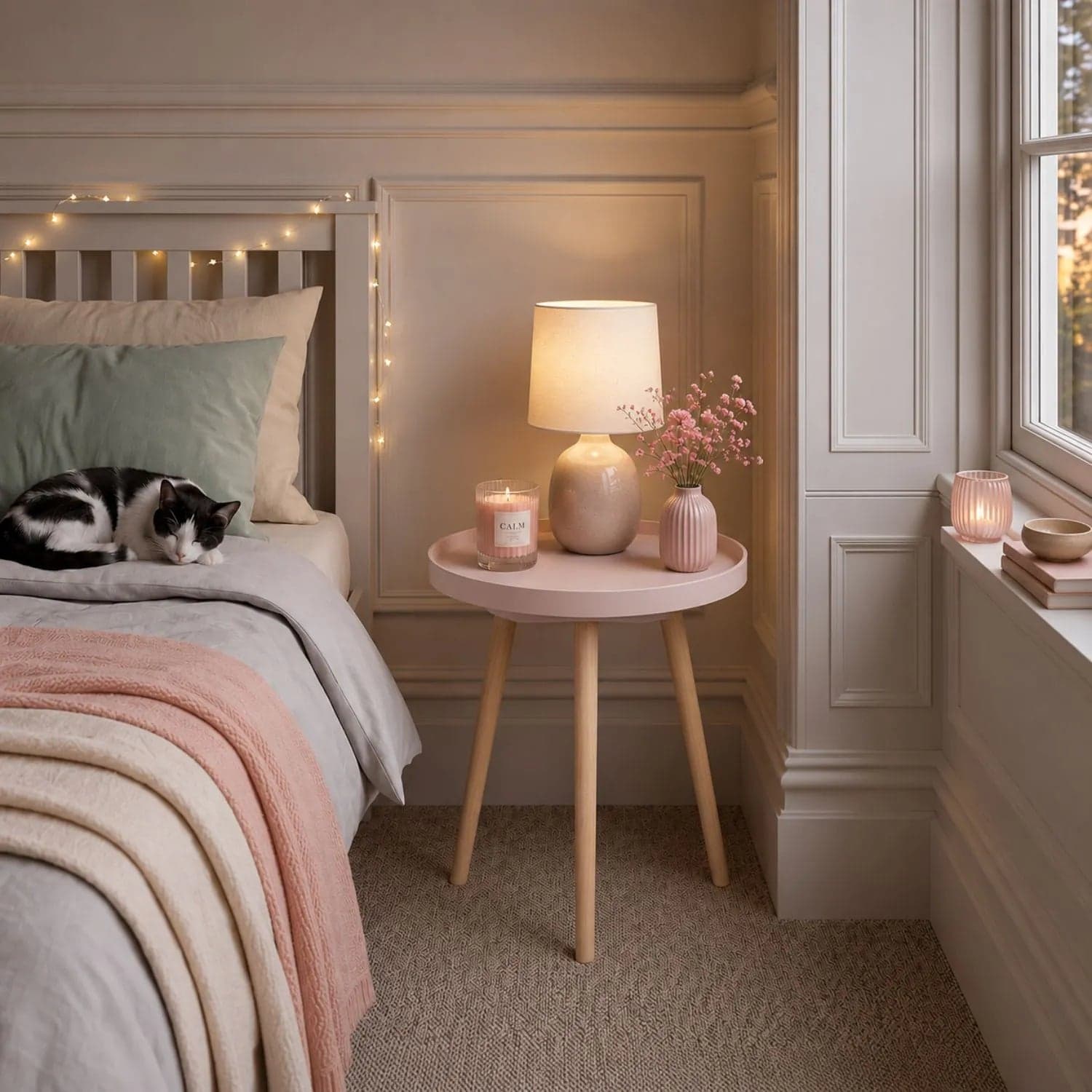 Blush Pink Round Tripod Side Table with Pine Wooden Legs – Small Bedside or Coffee Table 43.5x41cm